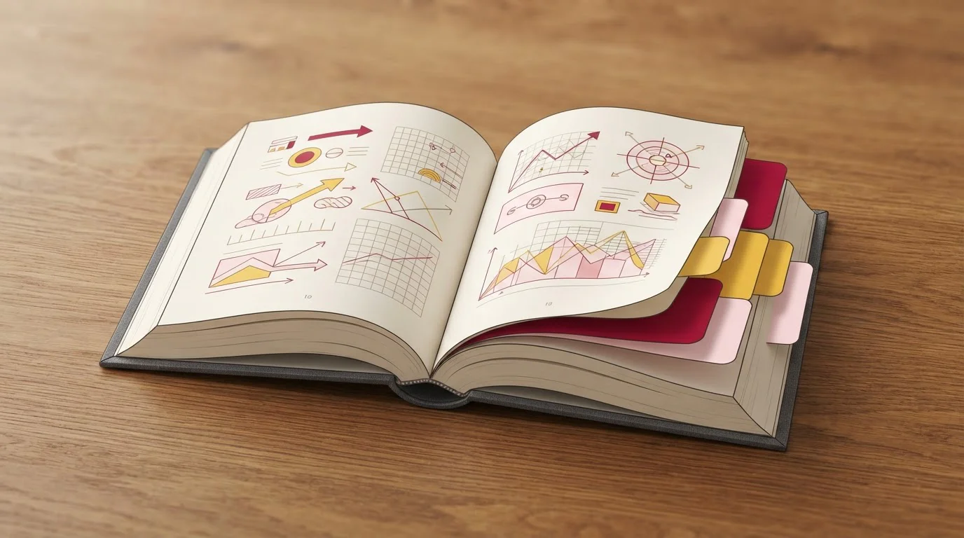 Aufgeschlagenes Nachschlagebuch mit farbigen Registerlaschen auf Holztisch