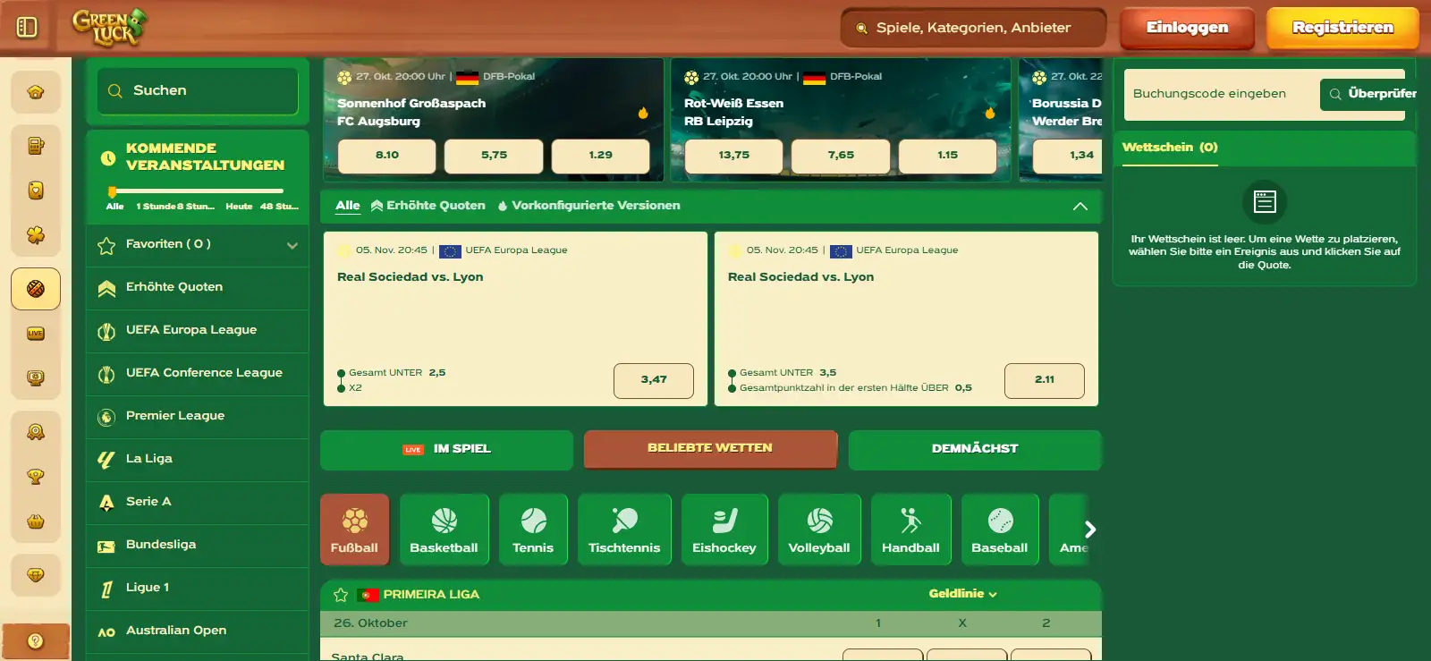 Sportwettenbereich von Greenluck mit Sportkategorien und Spielauswahl