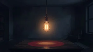 Eine einzelne warm leuchtende Glühbirne vor dunklem Hintergrund