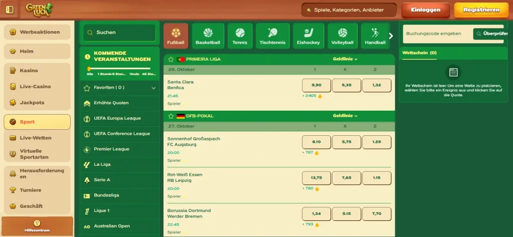 Fußballwettmärkte von Greenluck mit Begegnungen und Quoten