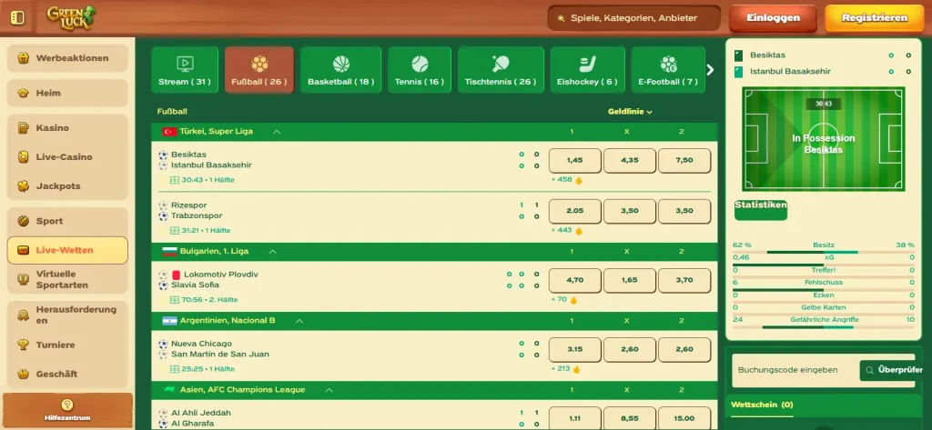 Sportwettenbereich für laufende Spiele von Greenluck mit laufenden Begegnungen und Wettquoten